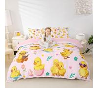 feelingyou Cute Duck Kids Bedding Set Super King Size,Daisy Leaf Egg Botanical Easter Duvet Cover Set，Star Love Heart Cartoon Room Decor,Pink Yellow Quilt Cover,2 Pillowcases(No Comforter)