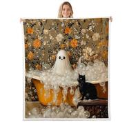 feelingyou Cute Ghost Cat Blanket for Kids Girls Boys,Halloween Ghost Natural Flowers Blankets for Bedroom Sofa Dorm Decor,Vintage Floral Bed Couch Blanket,Queen (90 x 90 Inches),Dark Brown White