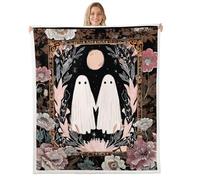 feelingyou Cute Ghost Plush Throw Blanket,Happy Halloween Moon Sky Flannel Fleece Blanket for Boys Girls Teens All Season,Blooming Flowers Plant Bed Blankets Room Decor 90x90,Black White Pink