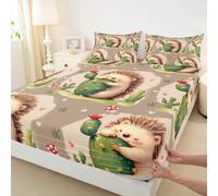 feelingyou Cute Hedgehog Fitted Sheet Double Size Mushroom Floral Cactus Dots Bedding Set for Kids Bedroom Wild Animal Rustic Style Bed Sheet Set 3pcs Brown Red Deep Pocket Mattress Cover,No Top Flat