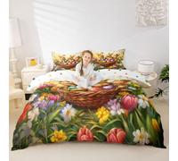 feelingyou Cute Rabbit Duvet Cover Set Double Size,Happy Easter Egg Butterfly Kids Bedding Set,Tulip Flowers Leaf Plant Country Farmhouse Room Decor,Yellow Quilt Cover,2 Pillowcases(No Comforter)