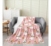 feelingyou Cute Rabbits Kids Flannel Blanket,Cartoon Carrots Floral Bed Blanket,Happy Easter Animals Girls Boys Sofa Decor,Soft Pink Fuzzy Blanket,Queen Size (90 x 90 Inches)