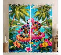 feelingyou Dachshund Dog Blackout Curtains,Coconut Tree Palm Leaf Tropical Coastal Window Drapes,Ocean Seaside Hawaii Flamingo Beach Nursery Bedroom Playroom Decor,Sea 2 Panel Sets,66x72L