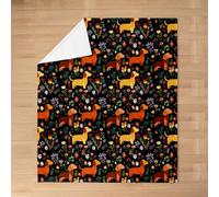 feelingyou Dachshund Kids Flannel Blanket,Daisy Floral Leaf Plant Rustic Bed Blanket,Flowers Amimal Dog Girls Boys Sofa Decor,Black Brown Fuzzy Blanket,40 x 50 Inches