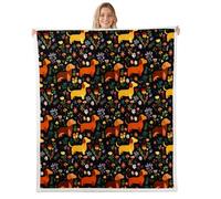 feelingyou Dachshund Kids Throw Blanket,Daisy Floral Leaf Plant Rustic Bed Blanket,Flowers Amimal Dog Girls Boys Sofa Decor,Black Brown Fuzzy Blanket,40 x 50 Inches