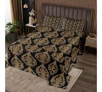 feelingyou Damask Coverlet Bedspread King Size Antique Victorian Baroque Lightweight Quilt Set Gothic Vintage Floral Bed Cover Set for Kids Black Gold Bedspread 3 Piece (1 Quilt,2 Pillowcase)