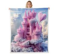 feelingyou Dreamy Castle Plush Throw Blanket,Fairy Tale Building Flannel Fleece Blanket for Boys Girls Teens All Season,Cloud Castle Sky Bed Blankets Room Decor 90x90,Pink Gray