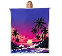 feelingyou Dreamy Sunset Kids Throw Blanket,Tropical Palm Tree Bed Blanket,Hawaii Ocean Girls Boys Sofa Decor,Blue Ocean Fuzzy Blanket,Queen Size (90 x 90 Inches)