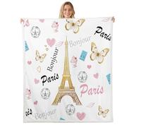 feelingyou Eiffel Tower Plush Throw Blanket,Paris Famous Landmark Flannel Fleece Blanket for Boys Girls Teens All Season,French Style Butterfly Bed Blankets Room Decor 50x60,White Gold Pink
