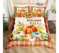 feelingyou Fall Pumpkin Sunflower Duvet Cover King Size,Rustic Farmhouse Wooden Barn Comforter Cover for Kids Teens Adults Bedroom Decor,Plaid Pattern Soft Bedding Set,Vintage Orange,No Comforter