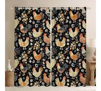 feelingyou Farm Rooster Kids Window Curtains,Rustic Farmhouse Chicken Cock Window Drapes,Daisy Floral Leaf Botanical Nursery Bedroom Playroom Decor,Black Yellow 2 Panel Sets,46x72L