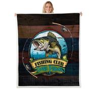 feelingyou Fishing Throw Blanket Pike Fish Bass Fish Decor Fleece Blanket for Kids Teens Adults Retro Wooden Stripes Rustic Style Bed Blanket for Housewarming Sofa Queen