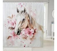 feelingyou Floral Horse Bathroom Curtain,Country Style Bathroom Curtains 12 Hooks Suits for Bathtub,Watercolor Flower Animal Bath Curtain for Kids Girls Boys,72" W x 78" L,Light Pink White