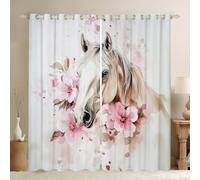 feelingyou Floral Horse Curtain for Kids Girls Boys Bedroom Decor,Country Style Window Treatment Curtains,Watercolor Flower Animal Window Drapes Grommet Top(2 Panels),46"X54",Light Pink White