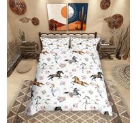 feelingyou Floral Horse Duvet Cover Single Size,Pink Watercolor Flowers Bedding Set 2 Pcs for Boys Girls,Wild Animal Romantic Comforter Cover(No Filler),Kids Quilt Cover