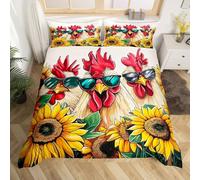feelingyou Funny Chicken Duvet Cover Set Double,Rustic Farmhouse Animal Rooster Cool Sunglasses Bedding Set,Girls Boys Room,Rural Yellow Sunflowers Blooming Floral Quilt Cover,No Comforter