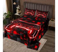 feelingyou Game Kids Bedspread Single Size,Gamepad Pixelated Miners Patchwork Coverlet Set,Girls Boys Room Decor,Neon Lights Geometric Square Quilted Coverlet,Black Red Bedding Quilt,1 Pillowcase