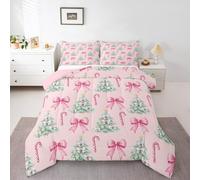 feelingyou Girly Bow Tie Comforter Set Double Size,Merry Christmas Bowknot Pine Tree Kids Bedding Set,Winter Candy Cane Romantic Quilt Comforter,Pink Green Duvet Insert,2 Pillowcases