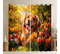 feelingyou Golden Retriever Window Drapes,Tulip Floral Plant Window Curtains,Butterfly Flowers Botanical Boys Girls Room Decor,Warm Yellow 2 Panel Sets,66x72L