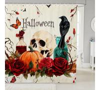 feelingyou Gothic Skeleton Pumpkin Bathroom Curtain,Happy Halloween Theme Bathroom Curtains 12 Hooks Suits for Bathtub,Roses Flowers Bath Curtain for Kids Girls Boys,72" W x 72" L,Red White