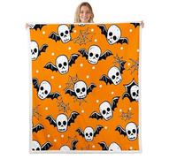feelingyou Gothic Skull Bats Blanket for Kids Girls Boys,Cartoon Halloween Theme Blankets for Bedroom Sofa Dorm Decor,Spider Web Bat Bed Couch Blanket,Queen (90 x 90 Inches),Dark White Orange