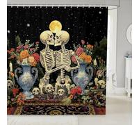 feelingyou Gothic Skull Shower Curtain,Happy Halloween Theme Bathroom Curtains for Kids Girls Boys,Vintage Floral Shower Curtains 12 Hooks Suits for Bathtub,72" W x 84" L,Black Blue