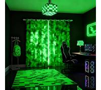 feelingyou Green Pixelated Miners Gamer Curtains,Video Games Window Curtain,Kids Boys Girls Teens Room Decor,Cartoon Gamepad Treatment Modern Geometric Check Window Drapes,2 Panels,46Wx72L