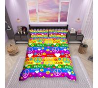 feelingyou Groovy Hippie Comforter Cover King Size,Peace and Love Heart Colorful Flowers Bedding Set for Modern Room,Trippy Rainbow Stripes Duvet Cover Set with 2 Pillowcases, Ultra Soft Bed Spread