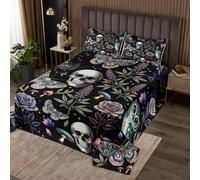 feelingyou Halloween Skull Coverlet Set King Size,Gothic Animals Quilted 3 Pcs with 2 Pillowcases,Flower Butterfly Owl Bedding Quilt for Decoration,Black Bedding Set Breathable