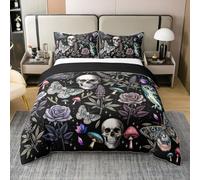 feelingyou Halloween Skull Duvet Cover 100% Cotton,Gothic Animals King Bedding Set Teens Bedroom Decor,Flower Butterfly Owl Bedding Set,Black Comforter Cover 3 Piece (No Filler)