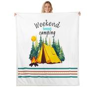 feelingyou Happy Camping Adventure Kids Throw Blanket,Tent Bonfire Campfire Pine Nature Bed Blanket,RV Camper Trailer Summer Girls Boys Sofa Decor,Rustic Green Fuzzy Blanket,40 x 50 Inches