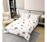 feelingyou Happy Camping Girls Bedding Set Single Size 100% Cotton, Cartoon Camper Tent Heart Pattern Duvet Cover Set，Romentic Farmhouse Style Quilt Cover,Bule Red Yellow,1 Pillowcase(No Comforter)