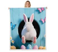 feelingyou Happy Easter Bunny Kids Throw Blanket,Easter Egg Hunt Rabbit Butterfly Bed Blanket,Wooden Plank Rustic Farmhouse Girls Boys Sofa Decor,Blue Fuzzy Blanket,40 x 50 Inches