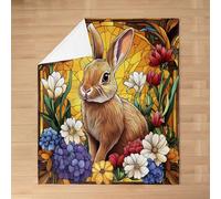 feelingyou Happy Easter Holiday Kids Flannel Blanket,Cartoon Rabbit Flowers Spring Garden Bed Blanket,Geometric Stained Glass Bunny Girls Boys Sofa Decor,Bright Fuzzy Blanket,40 x 50 Inches