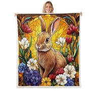 feelingyou Happy Easter Holiday Kids Throw Blanket,Cartoon Rabbit Flowers Spring Garden Bed Blanket,Geometric Stained Glass Bunny Girls Boys Sofa Decor,Bright Fuzzy Blanket,40 x 50 Inches
