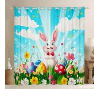 feelingyou Happy Easter Kids Window Curtains,Funny Rabbit Easter Egg Window Drapes,Spring Flowers Cute Animal Nursery Bedroom Playroom Decor,Blue Colorful 2 Panel Sets,46x72L