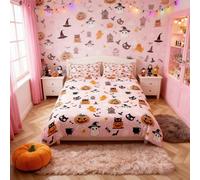 feelingyou Happy Halloween Duvet Cover Cot Size,Cute Ghost Black Cat Pink Comforter Cover for Kids Teens Adults Bedroom Decor,Pumpkin Smiling Bat Pumpkin Bedding Set 1 Pillowcase,No Comforter