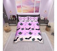 feelingyou Happy Halloween Duvet Cover Double Size,Cute Ghost Bat Network Comforter Cover for Kids Teens Adults Bedroom Decor,Cat Head Moon Stars Purple Bedding Set 2 Pillowcases,No Comforter
