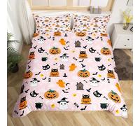feelingyou Happy Halloween Duvet Cover Single Size,Cute Ghost Black Cat Pink Comforter Cover for Kids Teens Adults Bedroom Decor,Pumpkin Smiling Bat Pumpkin Bedding Set 1 Pillowcase,No Comforter