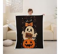 feelingyou Happy Halloween Kids Throw Blanket,Cute Ghost Cat Polka Dots Bed Blanket,Pumpkin Bat Gothic Girls Boys Sofa Decor,Black Orange Fuzzy Blanket,Twin Size (60 x 80 Inches)