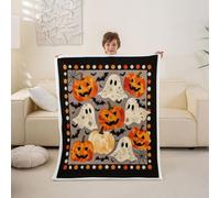 feelingyou Happy Halloween Kids Throw Blanket,Spider Web Bats Gothic Bed Blanket,Cartoon Ghost Pumpkin Polka Dot Girls Boys Sofa Decor,Orange Black Fuzzy Blanket,Twin Size (60 x 80 Inches)