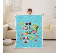 feelingyou Hello Summer Kids Throw Blanket,Sea Cute Starfishes Ocean Bed Blanket,Coconut Sun Hawaii Coral Girls Boys Sofa Decor,Colorful Blue Fuzzy Blanket,Throw Size (50 x 60 Inches)