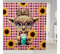 feelingyou Highland Cattle Shower Curtain Cartoon Cow Shower Curtain for Kids Girls Boys Sunflower Plaid Pattern Bath Curtains with 12 Hooks Suits Red Yellow Waterproof Curtains 72" W x 84" L