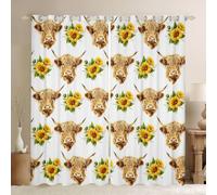 feelingyou Highland Cattle Window Drapes,Sunflowers Wildlife Plant Boys Girls Room Decor,Rustic Farmhouse Animals Cow Blackout Curtains,Brown Yellow 2 Panel Sets,66x90L
