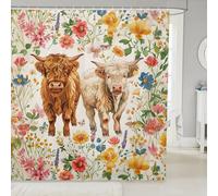 feelingyou Highland Cow Shower Curtain with Hooks Funny Animal Flower Bath Curtain for Kids Girls Boys Rustic Farmhouse Wildlife Waterproof Shower Curtains Yellow White Bathroom Curtains 72Wx84L inch