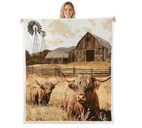 feelingyou Highland Cow Throw Blanket American Rural Scenery Rustic Style Fuzzy Blanket for Kids Teens Adults Brown Plants Wild Animal Fleece Blanket for Housewarming RV Queen