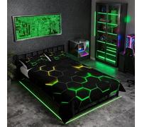 feelingyou Honeycomb Bedding Duvet Cover Double,Hexagon Theme with Green Yellow Neon Lights Comforter Cover,Boys Teen Man Chic Creative Home Bedding Quilt Cover 3Pcs with 2 Pillowcases,Black