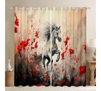 feelingyou Horse Blackout Curtains,Poppy Flowers Leaf Rustic Farmhouse Window Drapes,Wildlife Plant Natural Retro Nursery Bedroom Playroom Decor,Red 2 Panel Sets,66x90L