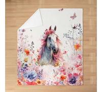 feelingyou Horse Kids Flannel Blanket,Flower Leaf Butterfly Natural Plant Bed Blanket,Botanical Wildlife Rustic Farmhouse Girls Boys Sofa Decor,Pink Blue Fuzzy Blanket,40 x 50 Inches