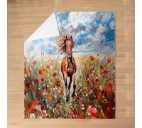 feelingyou Horse Kids Flannel Blanket,Poppy Flowers Leaf Rustic Farmhouse Bed Blanket,Cloud Wildlife Plant Natural Girls Boys Sofa Decor,Retro Red Fuzzy Blanket,Throw Size (50 x 60 Inches)